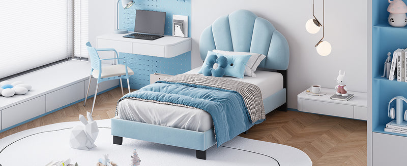 Twin Size Upholstered Velvet Platform Bed with Shell-Shaped Headboard, Blue