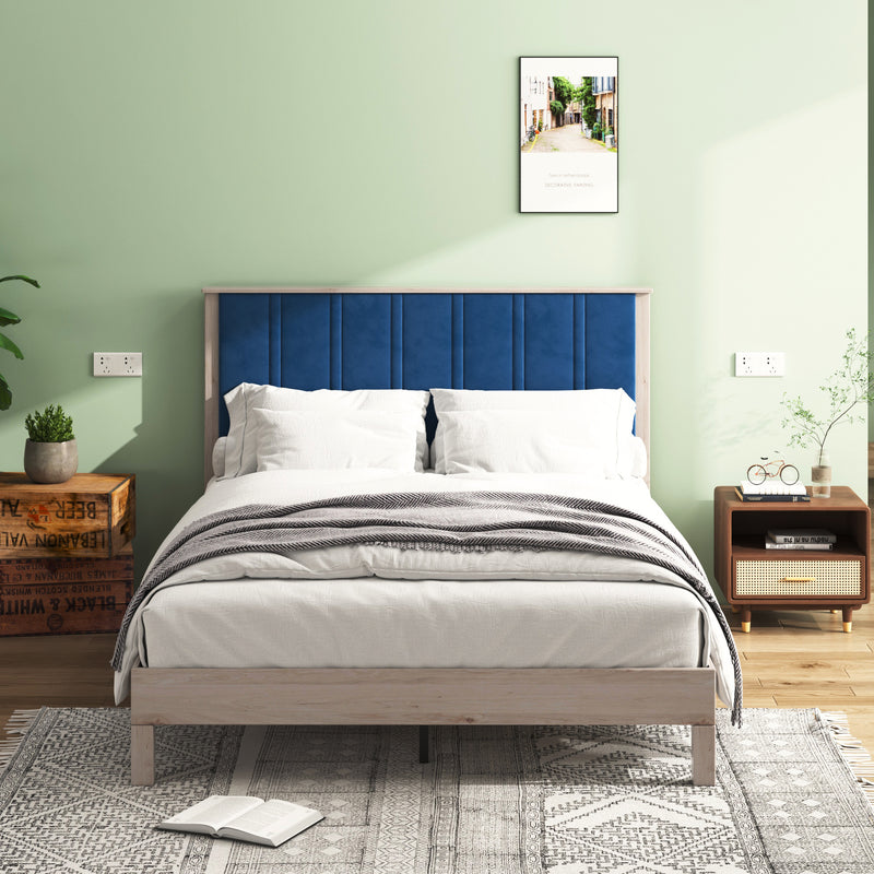 Queen Bed Frame, Wood with Wood Headboard Bed Frame with upholstered headboard /  Wood Foundation with Wood Slat Support / No Box Spring Needed / Easy Assembly