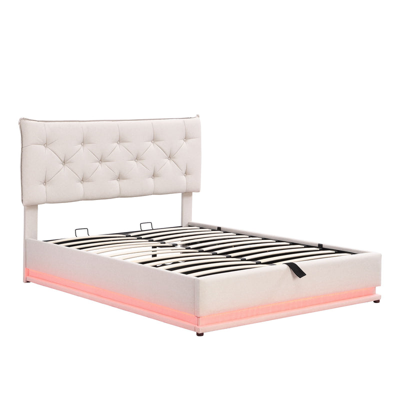 Upholstered Bed With Hydraulic Storage System And LED Light, Modern Platform Bed With Button-Tufted Design Headboard