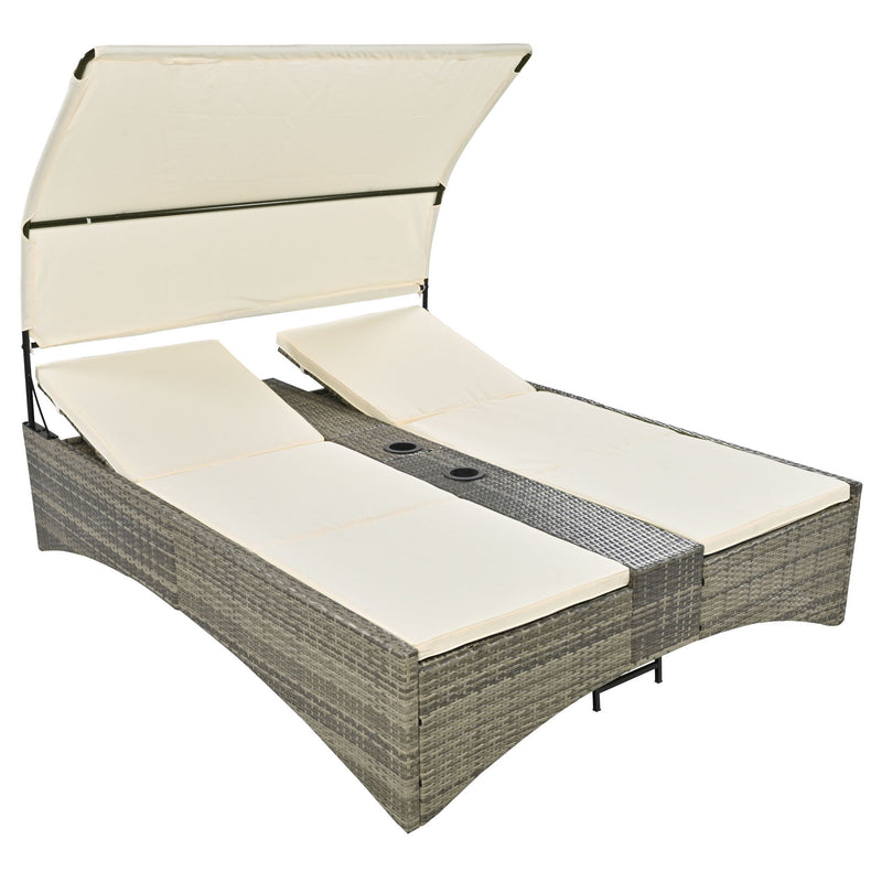 Patio Daybed Outdoor Daybed Sun Lounger With Shelter Roof With Adjustable Backrest, Storage Box And 2 Cup Holders For Patio, Balcony, Poolside