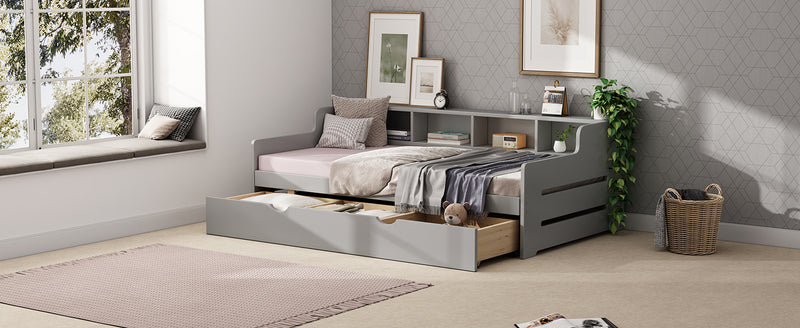 Twin Size Wooden Day Bed with Trundle for Guest Room, Small Bedroom, Study Room, Gray