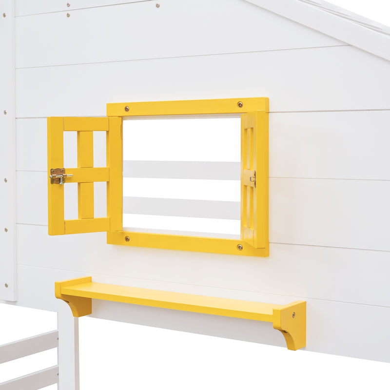 Twin over Twin Bunk Bed with 2 Drawers, 1 Storage Box, 1 Shelf, Window and Roof-White(OLD SKU:LT000608AAK)