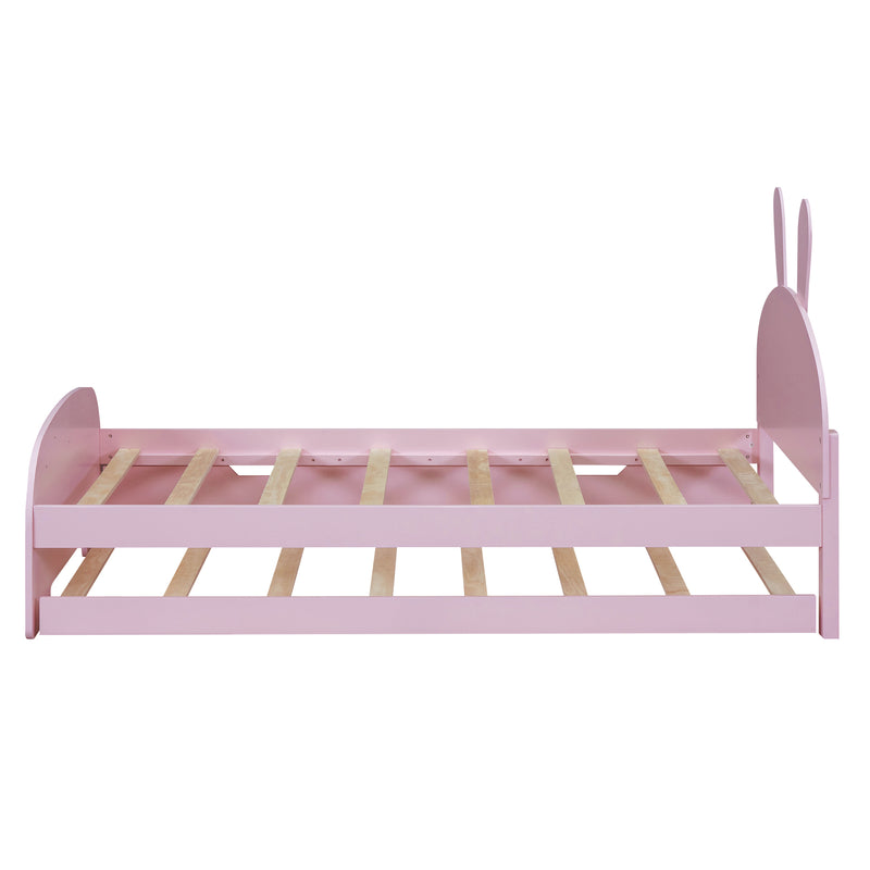 Wood Twin Size Platform Bed with Cartoon Ears Shaped Headboard and Trundle, Pink