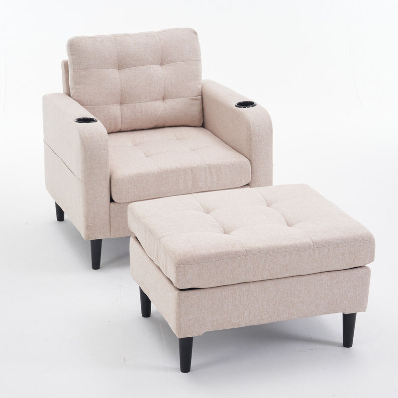 Upholstered Armchair And Storage Ottoman Set, Comfortable Single Sofa With Cup Holders And Tufted Detailing, Ideal For Living Room Or Bedroom