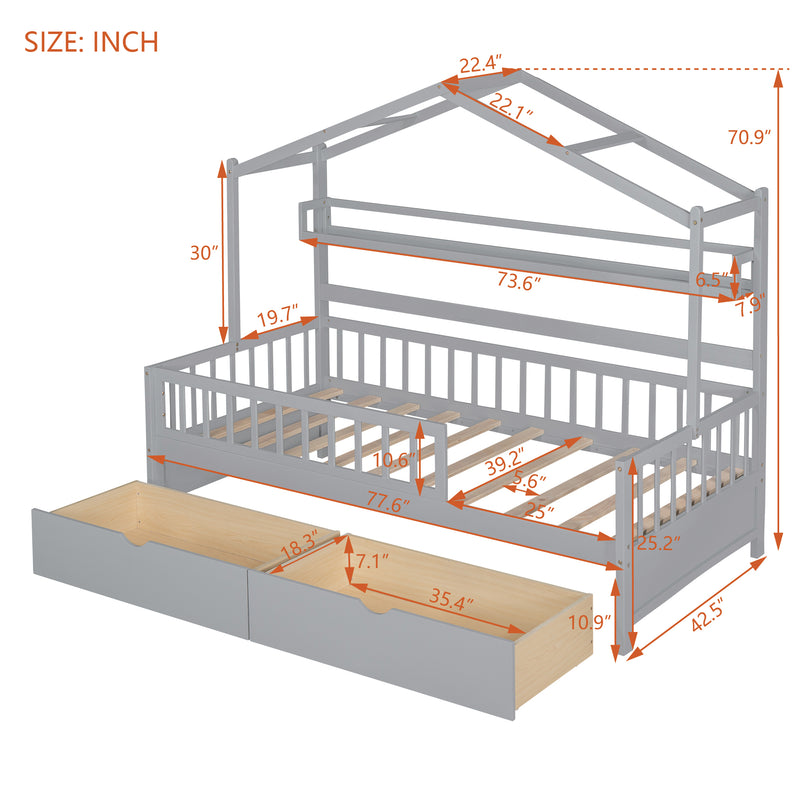 Wooden Twin Size House Bed with 2 Drawers,Kids Bed with Storage Shelf, Gray