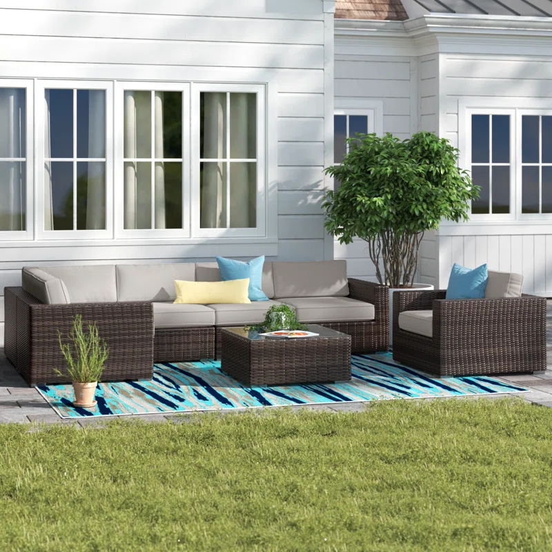 5 Person Wicker Seating Group With Cushions - Brown