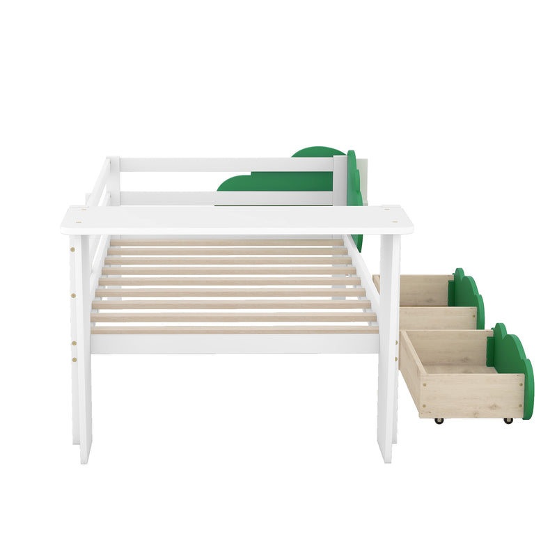 Twin Size Daybed with Desk, Green Leaf Shape Drawers and Shelves, White