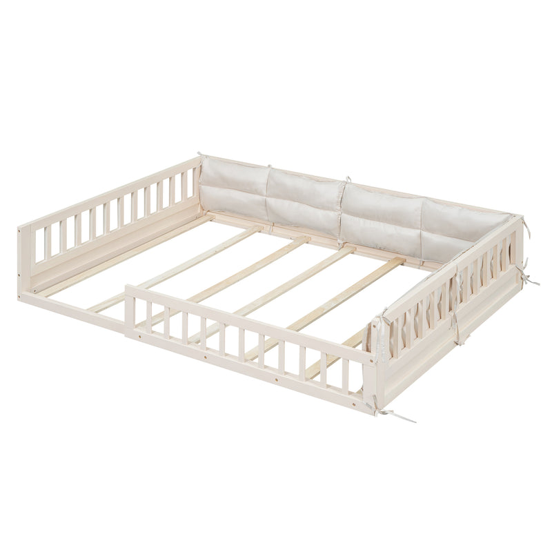 Wood Full Size Upholstered Platform Bed with Guardrail and Pillow, Beige