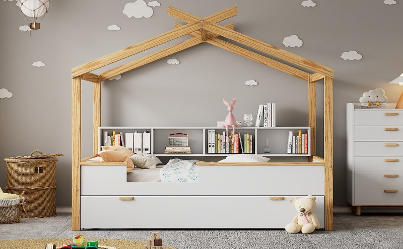 White Full Size Wooden House Bed with Original Wood Colored Frame Twin Size Trundle and Bookshelf Storage Space for Children or Guest Room