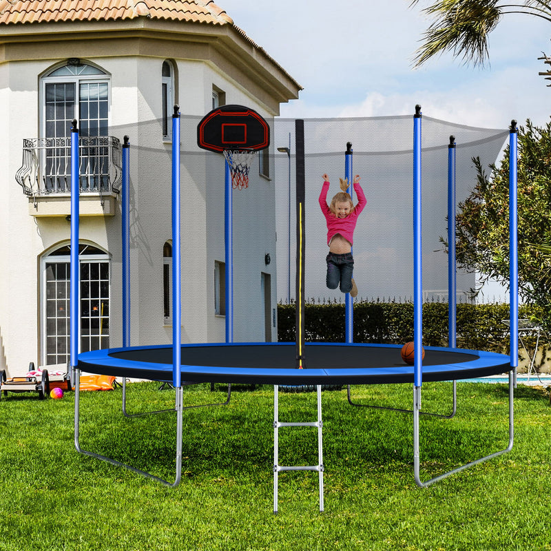 10Ft Trampoline With Basketball Hoop Inflator And Ladder (Inner Safety Enclosure) - Blue