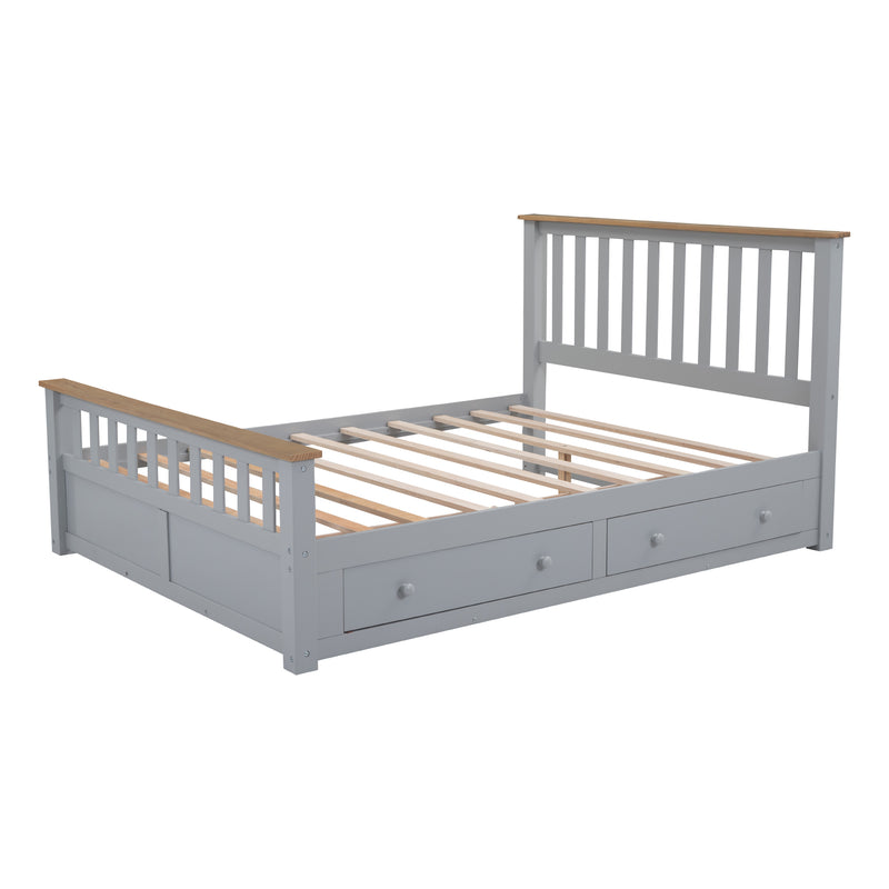 Queen Size Wood Platform Bed with Two Drawers and Wooden Slat Support,Gray+Natrual