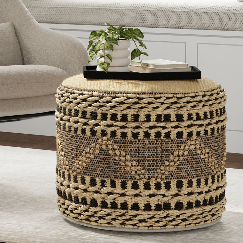 Stella - Round Woven Pouf - Natural / Black