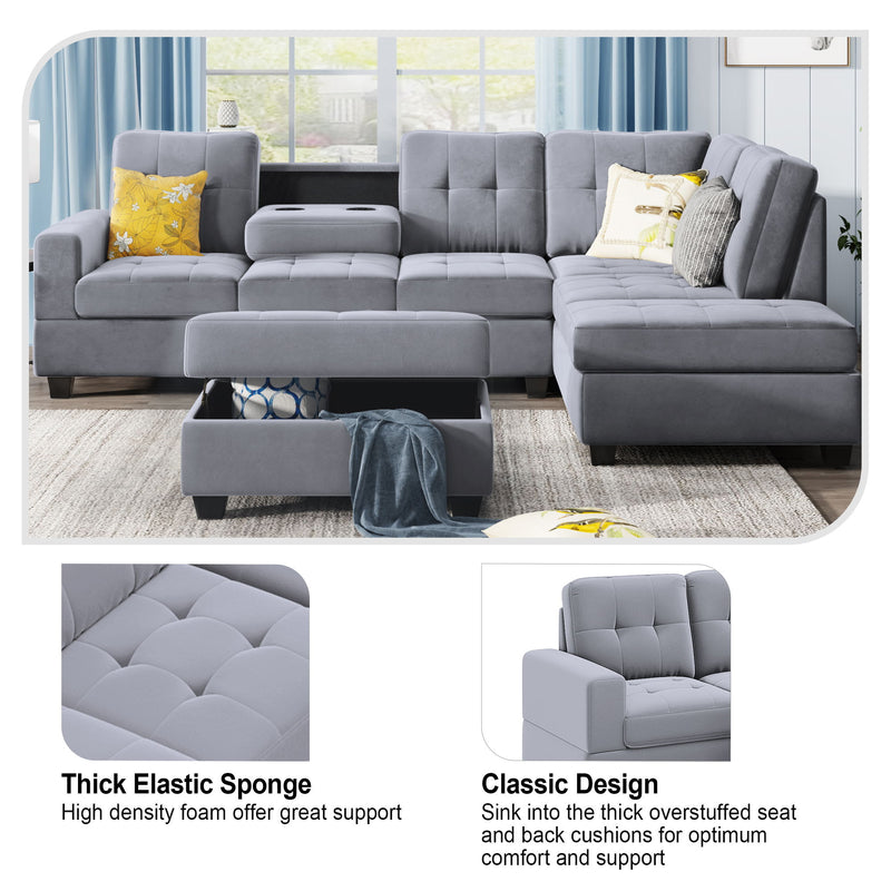 Sectional Sofa With Reversible Chaise Lounge, L-Shaped Couch With Storage Ottoman And Cup Holders