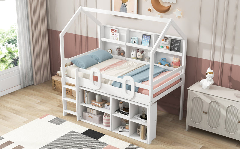 Twin Size House Loft Bed with Multiple Storage Shelves, White