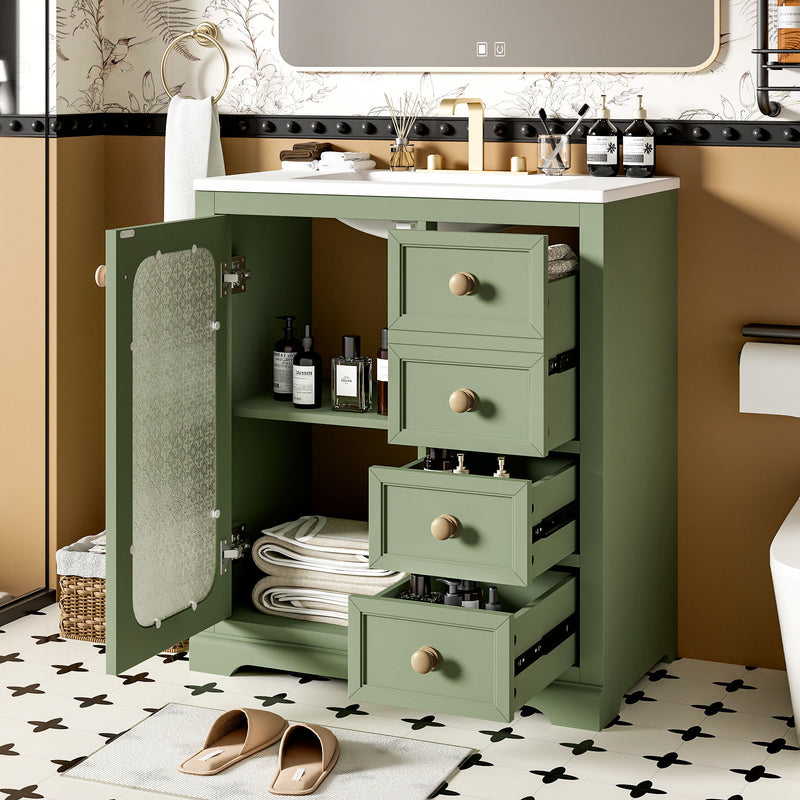 Bathroom Vanity With A Soft Close Glass Door, Adjustable Shelves, And Three Drawers