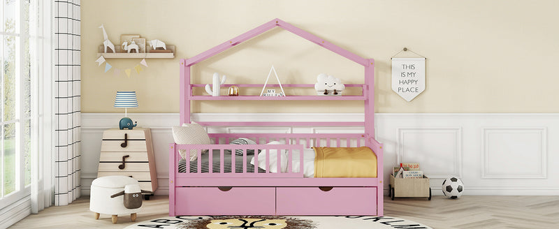 Wooden Full Size House Bed with 2 Drawers,Kids Bed with Storage Shelf, Pink