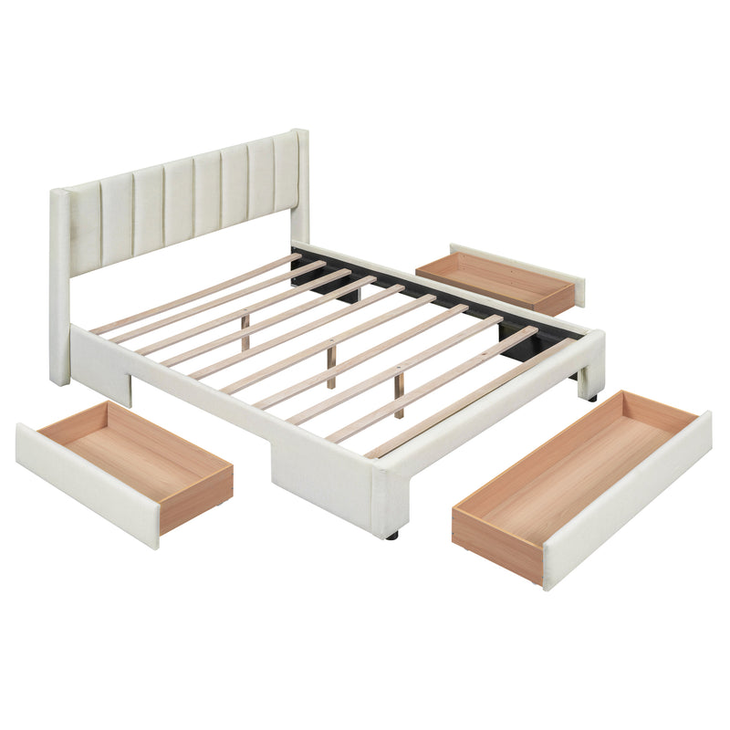 Queen Size Upholstered Platform Bed with One Large Drawer in the Footboard and Drawer on Each Side,Beige