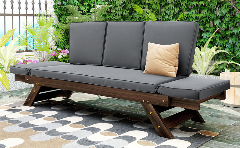 TOPMAX Outdoor Adjustable Patio Wooden Daybed Sofa Chaise Lounge with Cushions for Small Places, Brown Finish+Gray Cushion