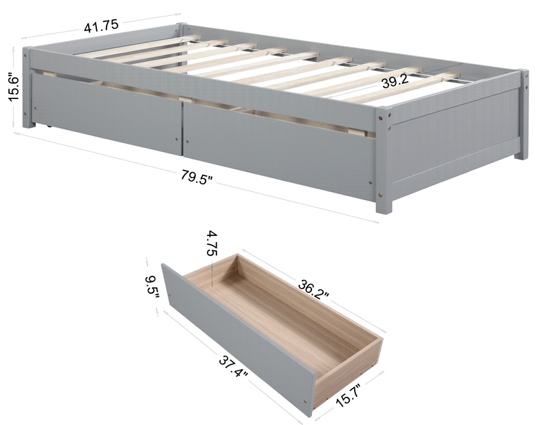 Twin Bed with 2 Drawers, Solid Wood, No Box Spring Needed ,Grey(New SKU:W504P149041)