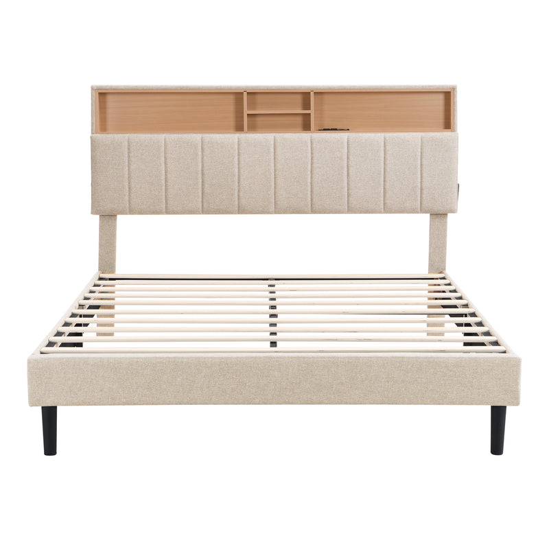 Queen Size Upholstered Platform Bed with Storage Headboard and USB Port,  Linen Fabric Upholstered Bed (Beige)