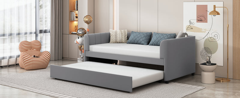 Twin Size Upholstered Daybed with Ergonomic Design Backrest and Trundle, Gray