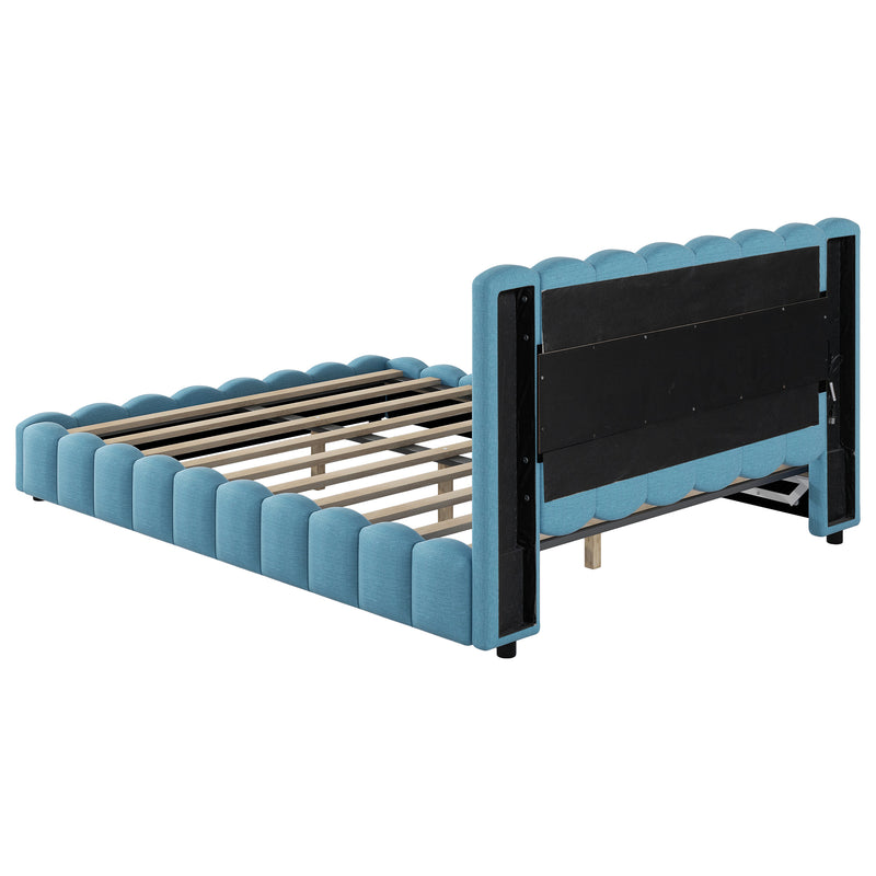 Queen Size Upholstered Platform Bed with LED Headboard and USB, Blue