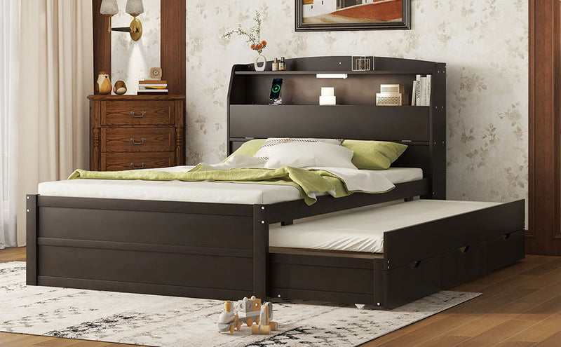 Wooden LED Platform Bed With Trundle, With Storage Headboard, With Drawers