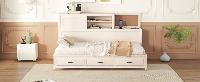 Twin Size Wooden Daybed with 3 Storage Drawers, Upper Soft Board, shelf, and a set of Sockets and USB Ports, White