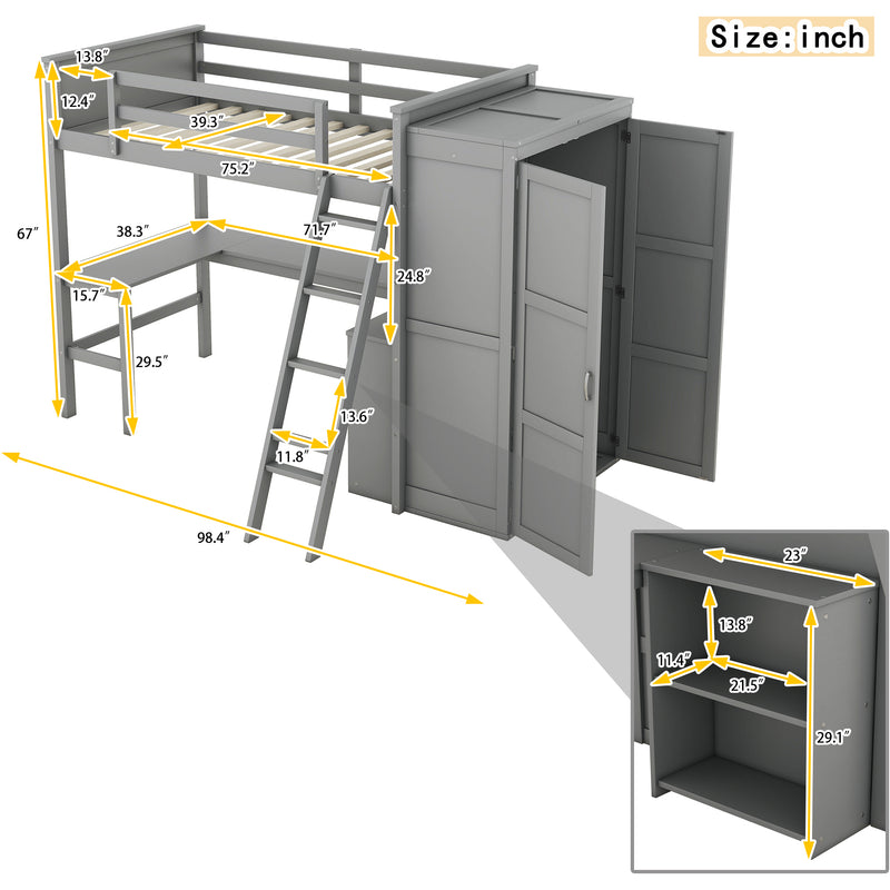 Twin size Loft Bed with Desk, Shelves and Wardrobe-Gray