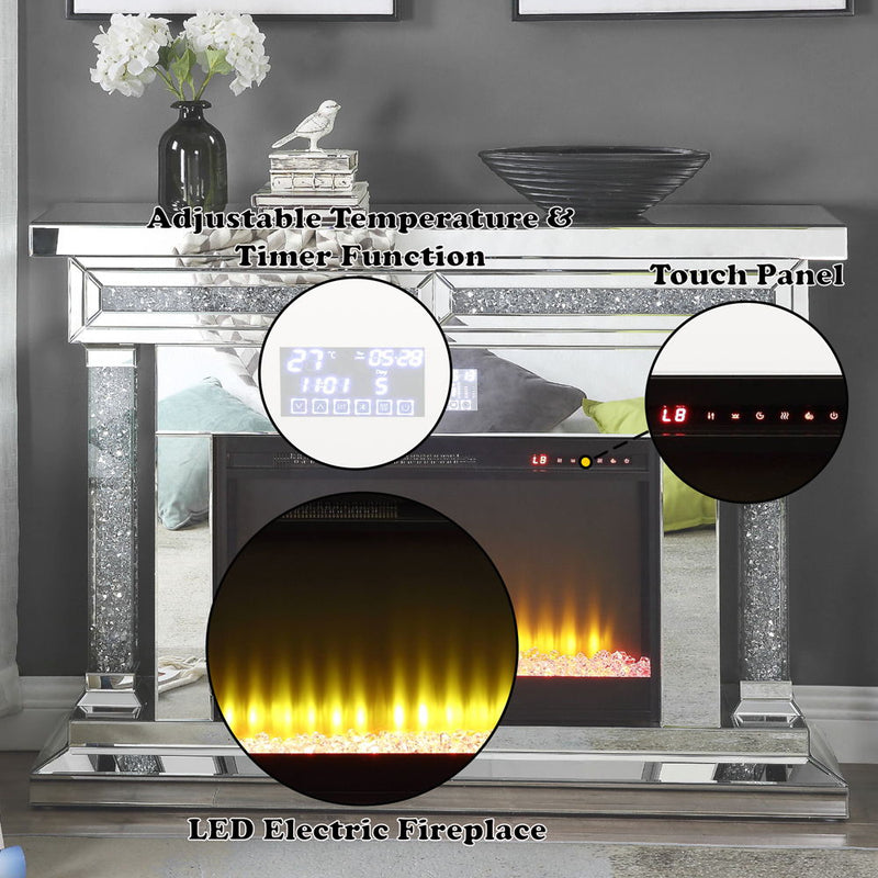 Noralie - Fireplace - Mirrored & Faux Diamonds - Wood - 36"