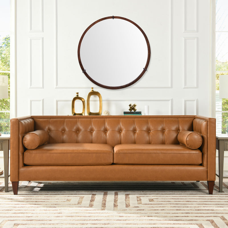 Hausen - Mid-Century Modern Round Accent Wall Mirror - Brown Walnut