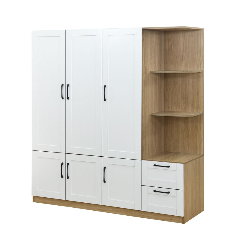 3 Door Storage Wardrobe For Dedroom With Shelves And 2 Drawers, Side Storage Shelves