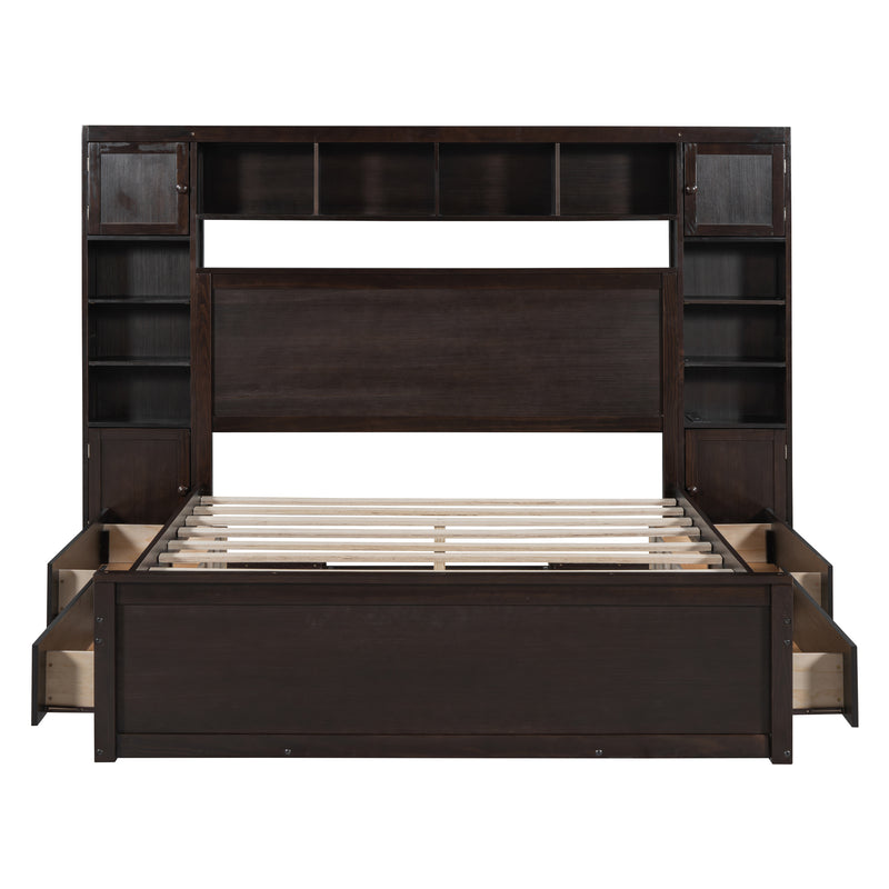 Queen Size Wooden Bed With All-in-One Cabinet, Shelf and Sockets, Espresso