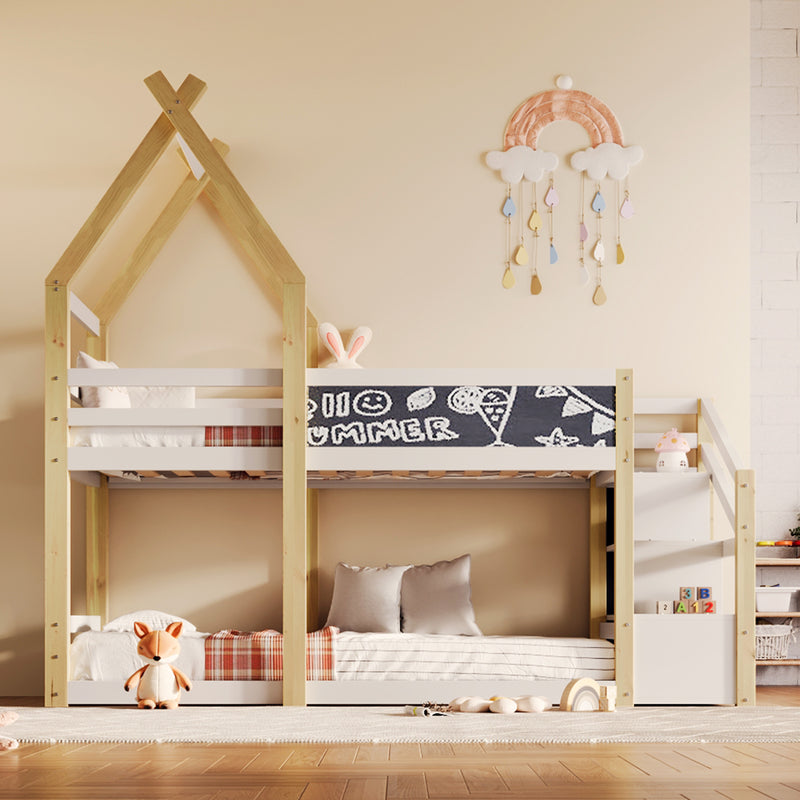 Twin over Twin House Bunk Bed with White Storage Staircase and Blackboard, White and Natural