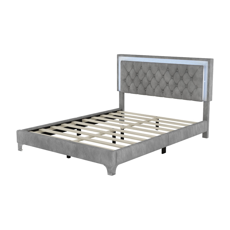 Queen Size Upholstered Bed Frame with LED Lights,Modern Velvet Platform Bed with Tufted Headboard,Gray