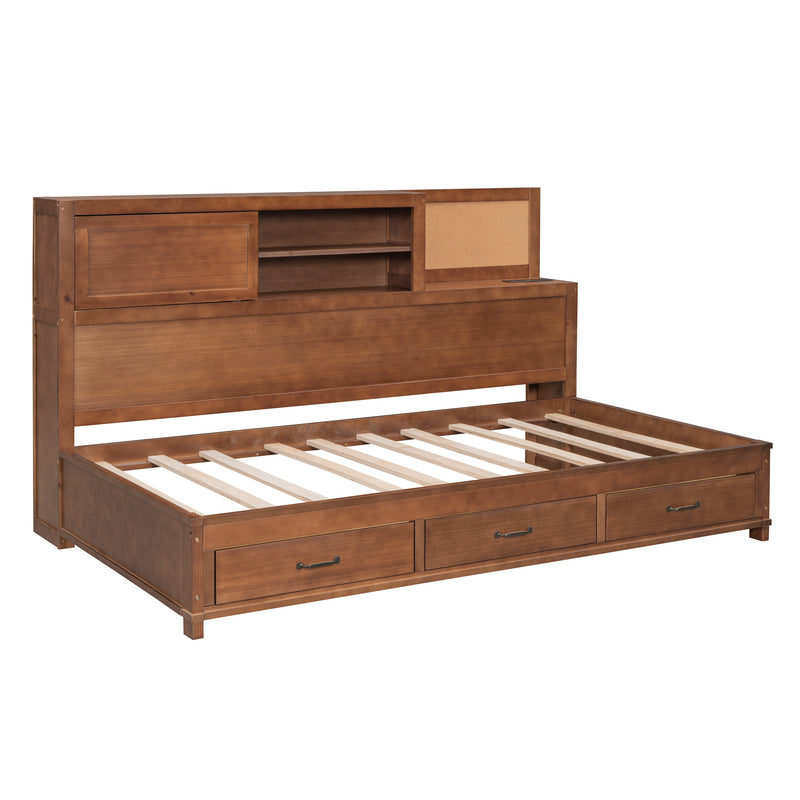 Twin Size Wooden Daybed with 3 Storage Drawers, Upper Soft Board, shelf, and a set of Sockets and USB Ports, Brown