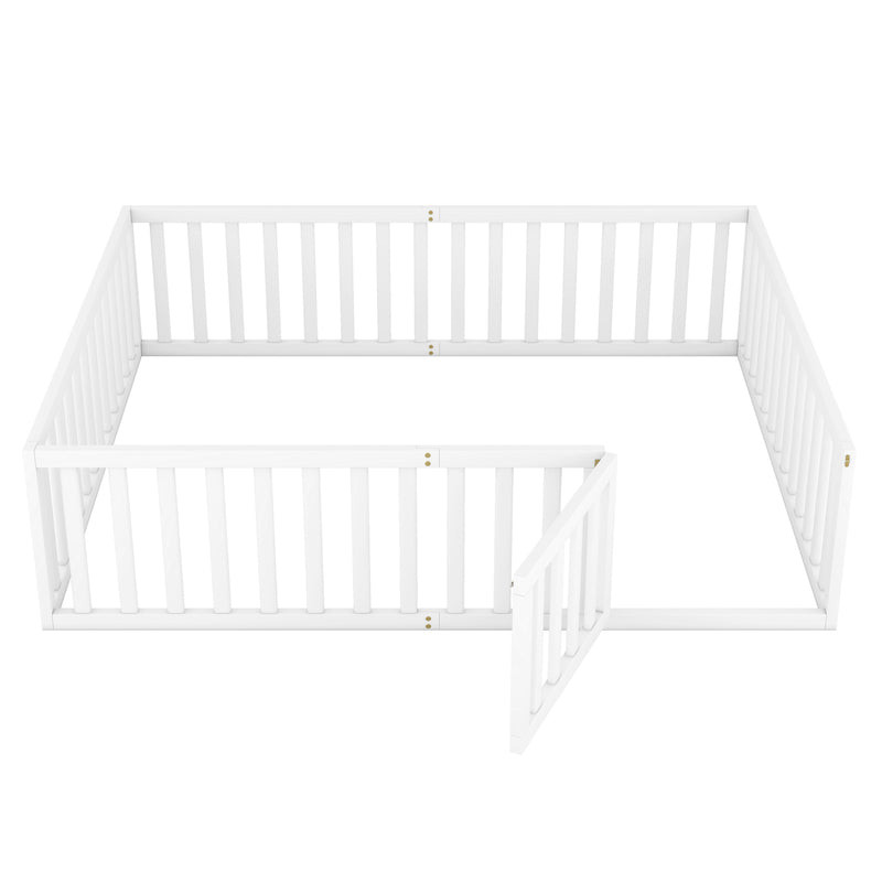 Queen  Size Wood Floor Bed Frame with Fence and Door, White(OLD SKU:WF289663AAK)