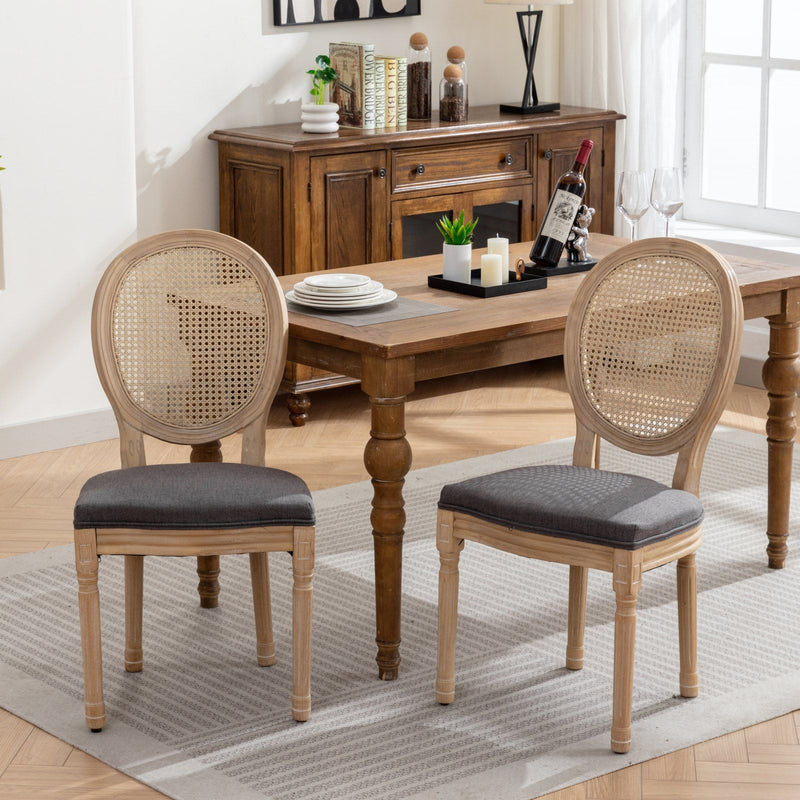 French Style Solid Wood Frame Antique Painting Linen Fabric Rattan Back Dining Chair (Set of 2)