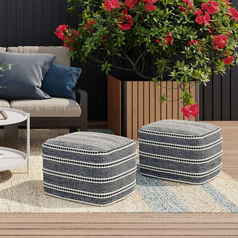 Corrie - Square Woven Outdoor / Indoor Pouf - Navy / White