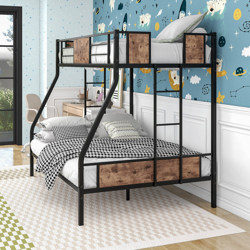 Twin Over Full Metal Bunk Bed, Heavy Duty Metal Bed Frame with Safety Rail , 2 Side Ladders & Decorative Wood ,No Box Spring Needed