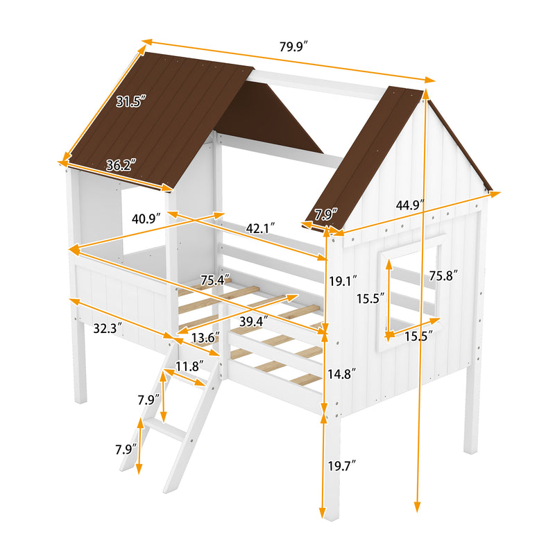 Twin Size Low Loft Wood House Bed with Two Side Windows  (White+Brown)(OLD SKU: LP000037AAD)