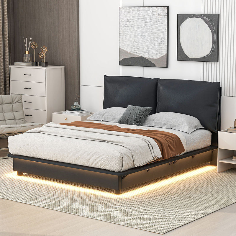 Queen Size Upholstered Platform Bed with Sensor Light and Ergonomic Design Backrests, Black