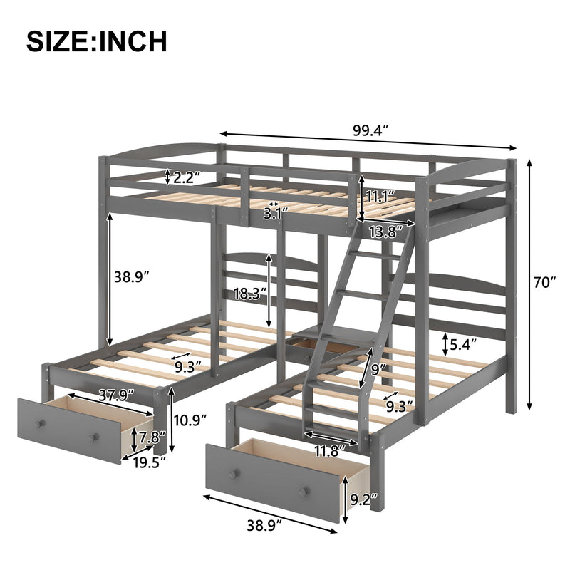 Full Over Twin & Twin Bunk Bed, Triple Bunk Bed With Drawers - Gray