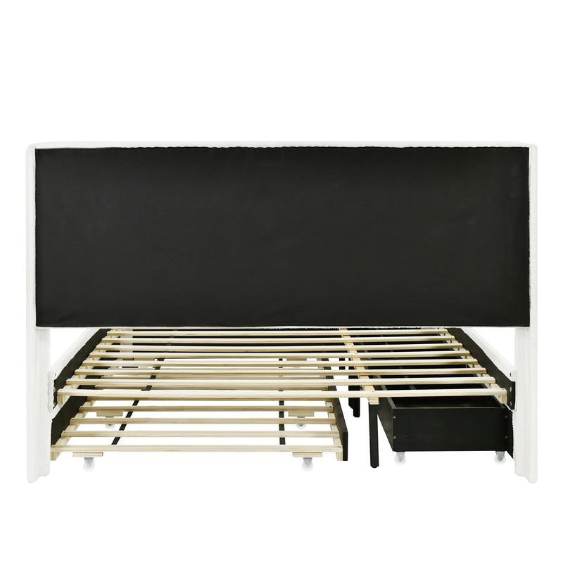 Queen Size Upholstered Platform Bed with LED Frame, with Twin  XL Size Trundle and 2 drawers, Teddy Fleece, White