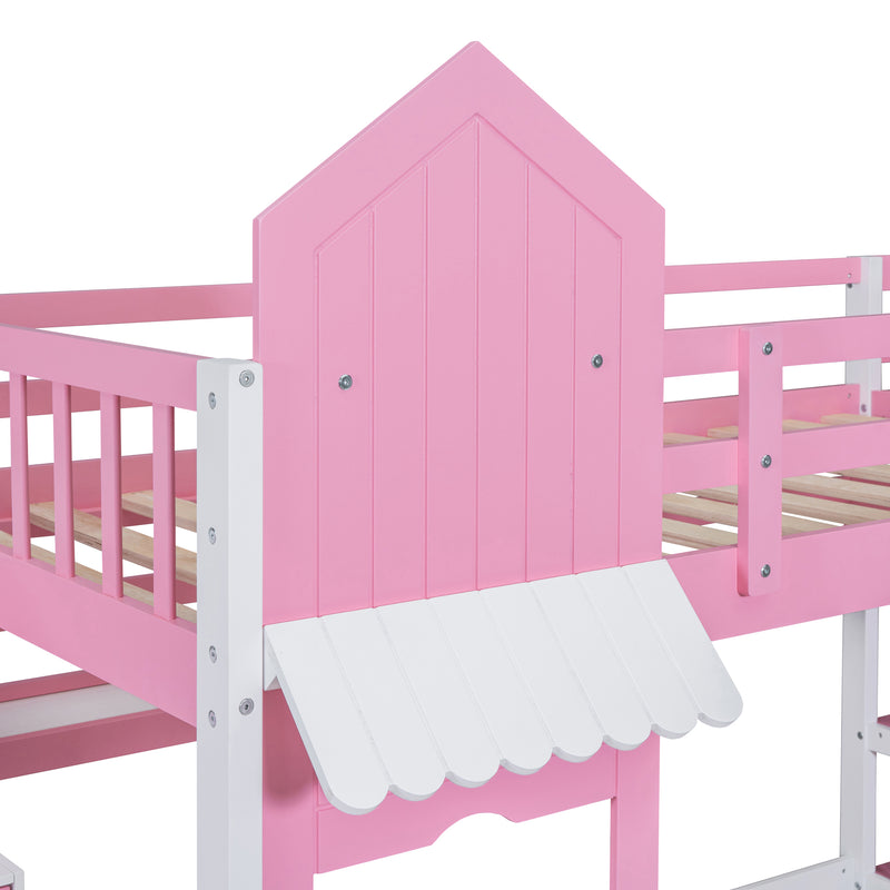 Twin-Over-Twin Castle Style Bunk Bed with 2 Drawers 3 Shelves and Slide - Pink