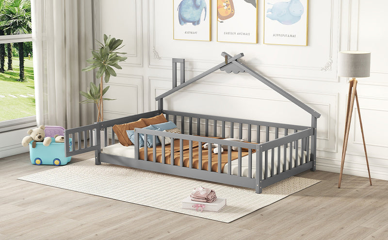 Twin House-Shaped Bedside Floor Bed with Guardrails, Slats, with Door,Grey