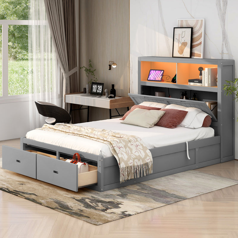 Wood Queen Size Hydraulic Platform Bed with Storage LED Headboard, Charging Station and 2 Drawers, Gray