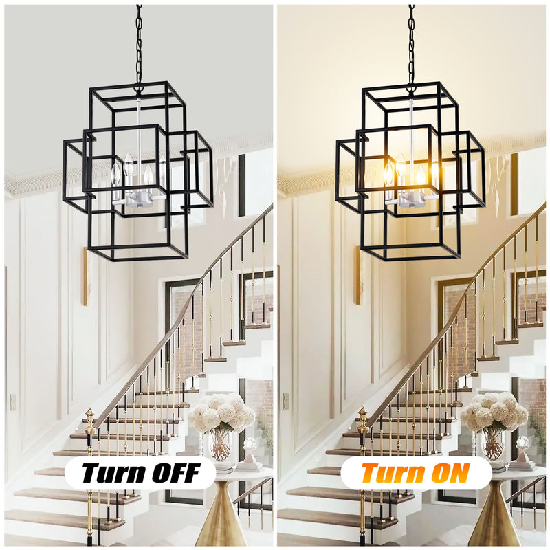 4 Light Metal Lantern Tiered Pendant Hanging Light Fixtures, Industrial Farmhouse Adjustable Height Chandeliers For Dining Room Hallway Foyer Entryway (E12 Bulbs Not Included)