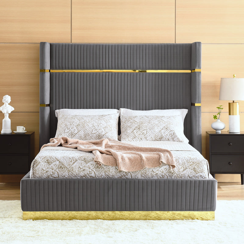 Corduroy Upholstered Bed Frame Queen Size 65" Tall Wingback Headboard Queen Bed Frame Metal Decoration /No Box Spring Needed