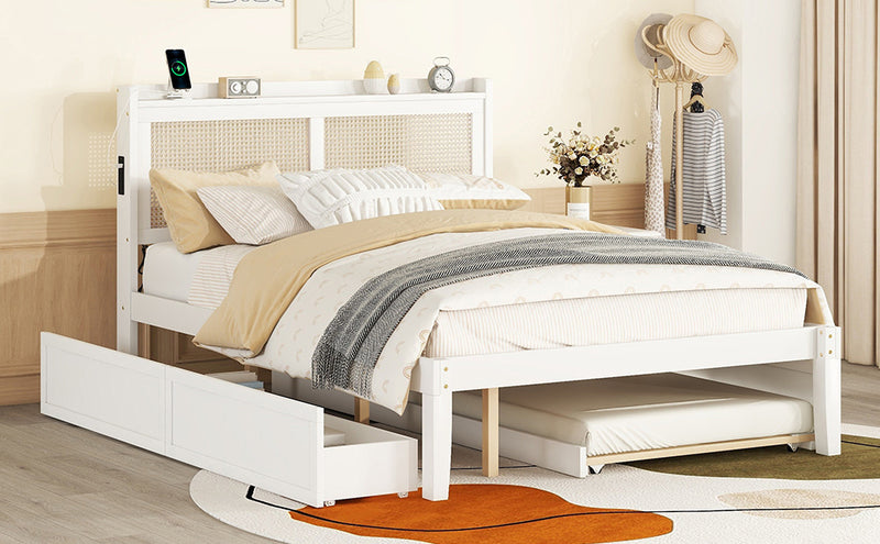 Queen Size Elegant Bed Frame with Rattan Headboard and Sockets ,White